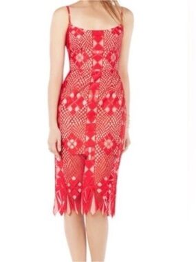 BCBGMaxAzria Red and Nude Lace Midi Dress